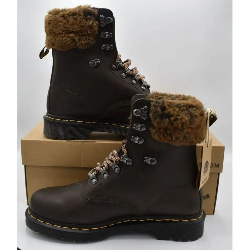 Dr Martens 1460‎ Womens Size 8 Serena Collar Lined Brown Leather Winter Boots